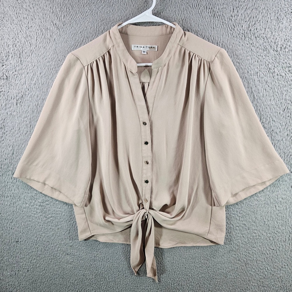 Trina Turk‎ Womens Beige Tie Front Button Up Blouse Short Sleeve Size M